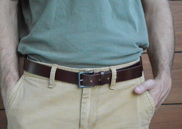 Our men’s chestnut brown dress belt is made from full grain bridle leather.  It’s the perfect ensemble for any special occasion.  Once you own a full grain leather belt, you will never go back.  Handmade in Austin, Texas!
