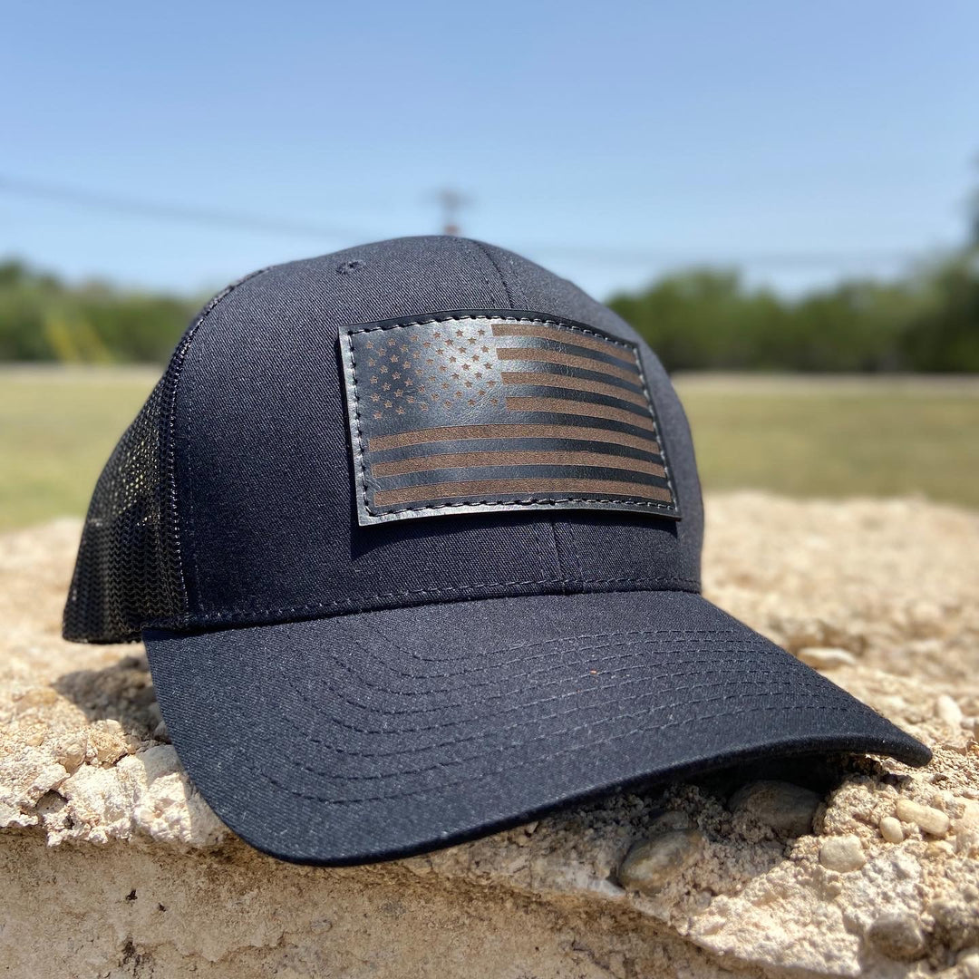 American Flag - Black on black Leather Patch Trucker Hat - Pecu Leather Co.