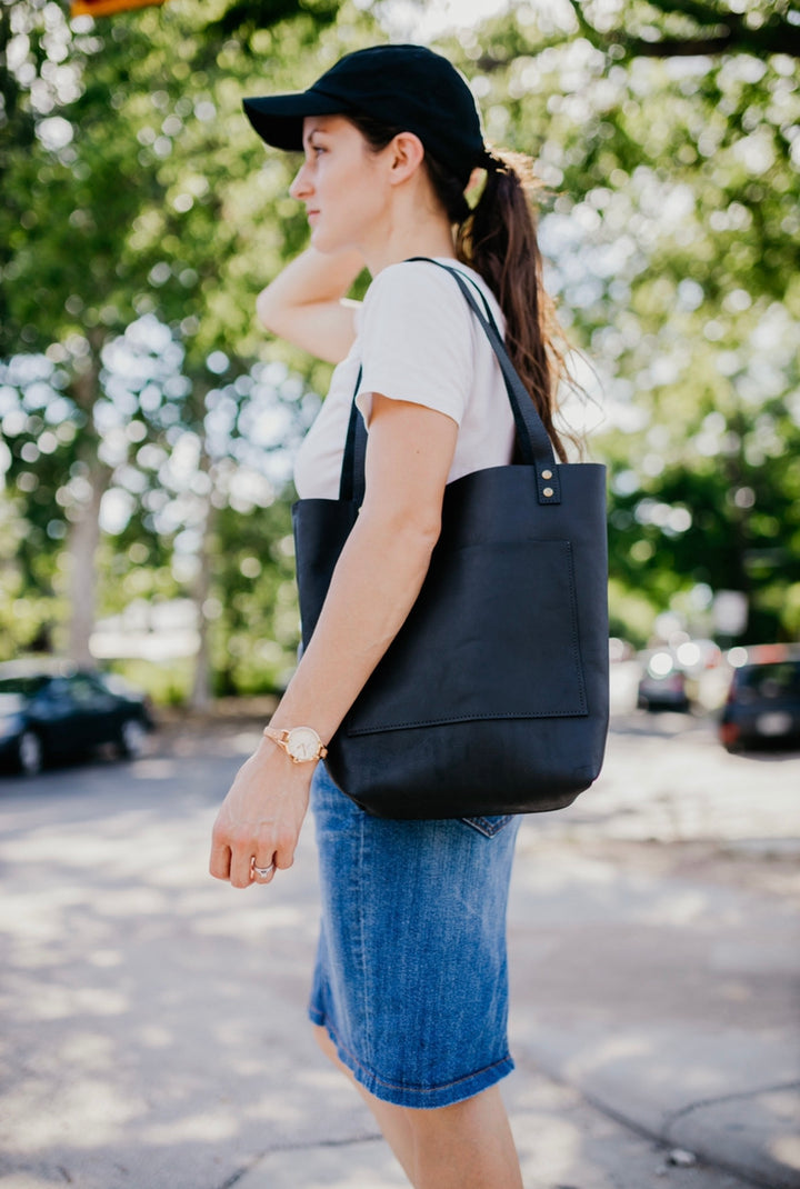 The Abbie - Black Leather Tote Bag - Pecu Leather Co.