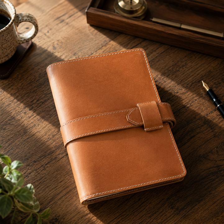 Tan leather notebook on a wooden table with a cup of coffee and pen.