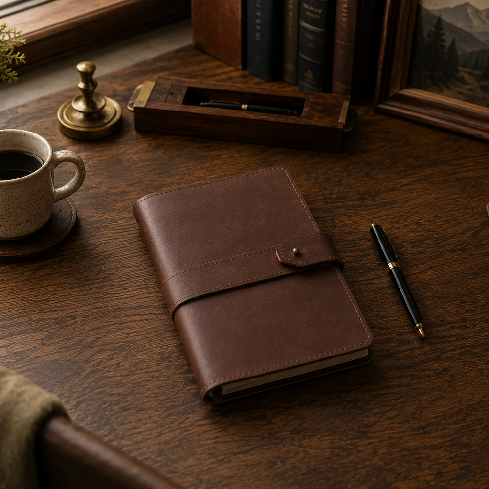 Brown leather notebook on a wooden desk with a cup of coffee, pen, and decorative items.