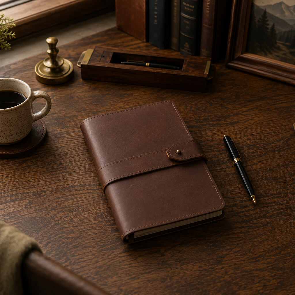 Brown leather notebook on a wooden desk with a cup of coffee, pen, and decorative items.