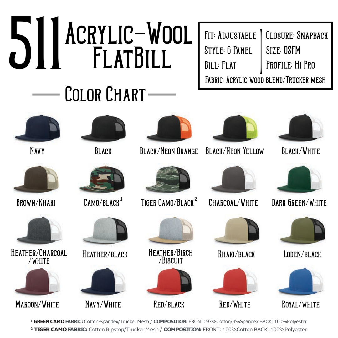 Flat Bill Wool 6 Panel 511 - Custom Leather Patch Hat - Pecu Leather Co.