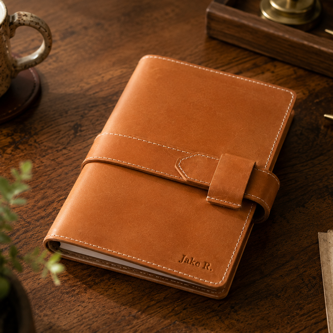 Brown leather notebook on a wooden surface with a cup of coffee and pen.