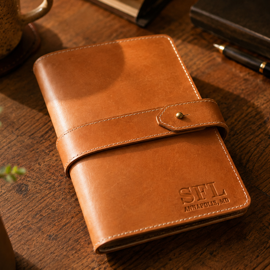 Brown leather notebook with 'SFL' branding on a wooden surface