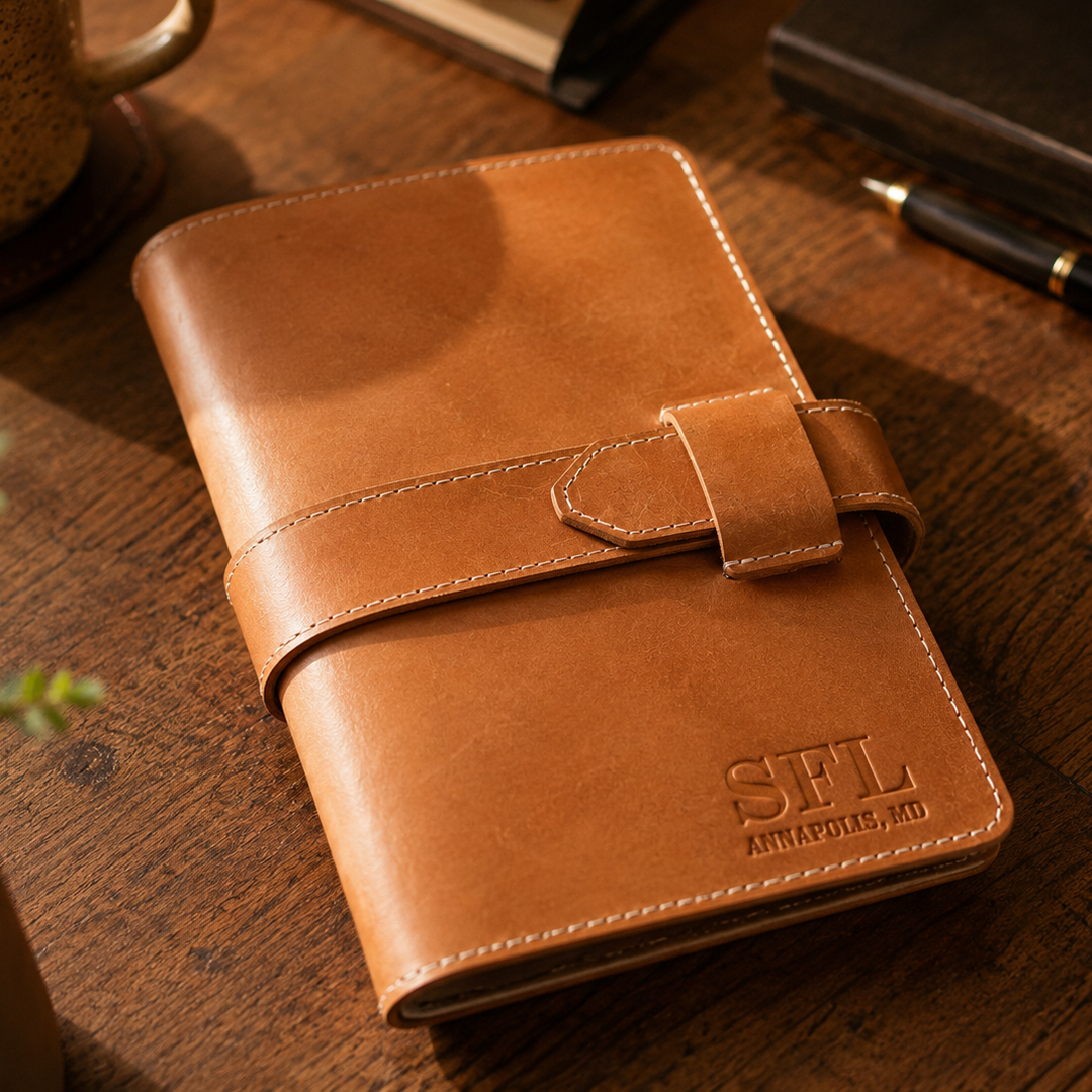 Brown leather notebook with 'SPL' branding on a wooden surface with a mug, pen, and plant.