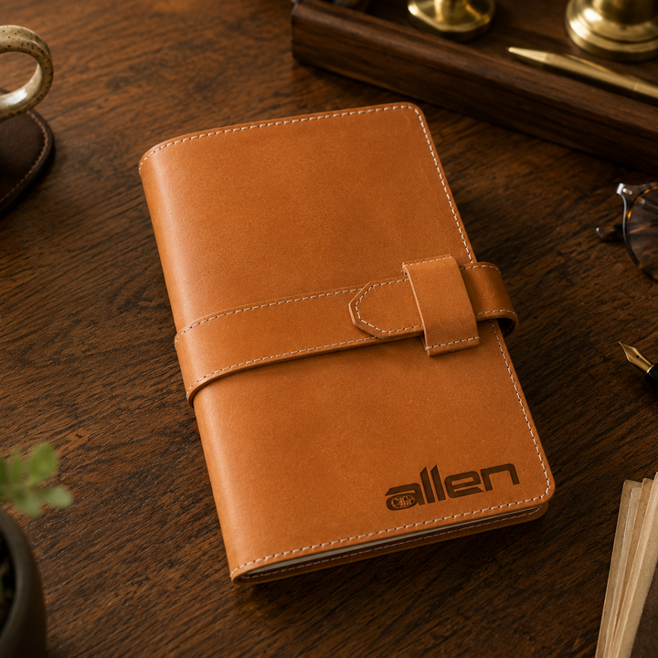 Brown leather notebook with 'allen' branding on a wooden desk with coffee and glasses.