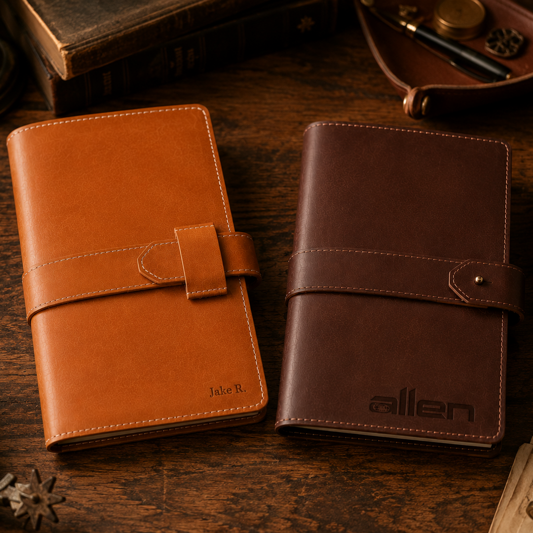 Two leather-bound notebooks, one brown and one dark brown, on a wooden surface.