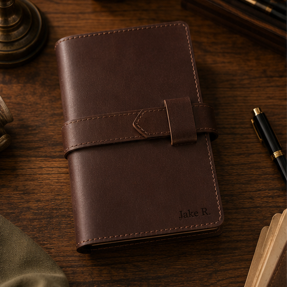 Brown leather notebook on a wooden surface with stationery items.