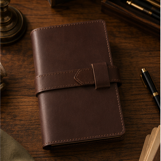 Brown leather notebook on a wooden surface with a pen and other items.