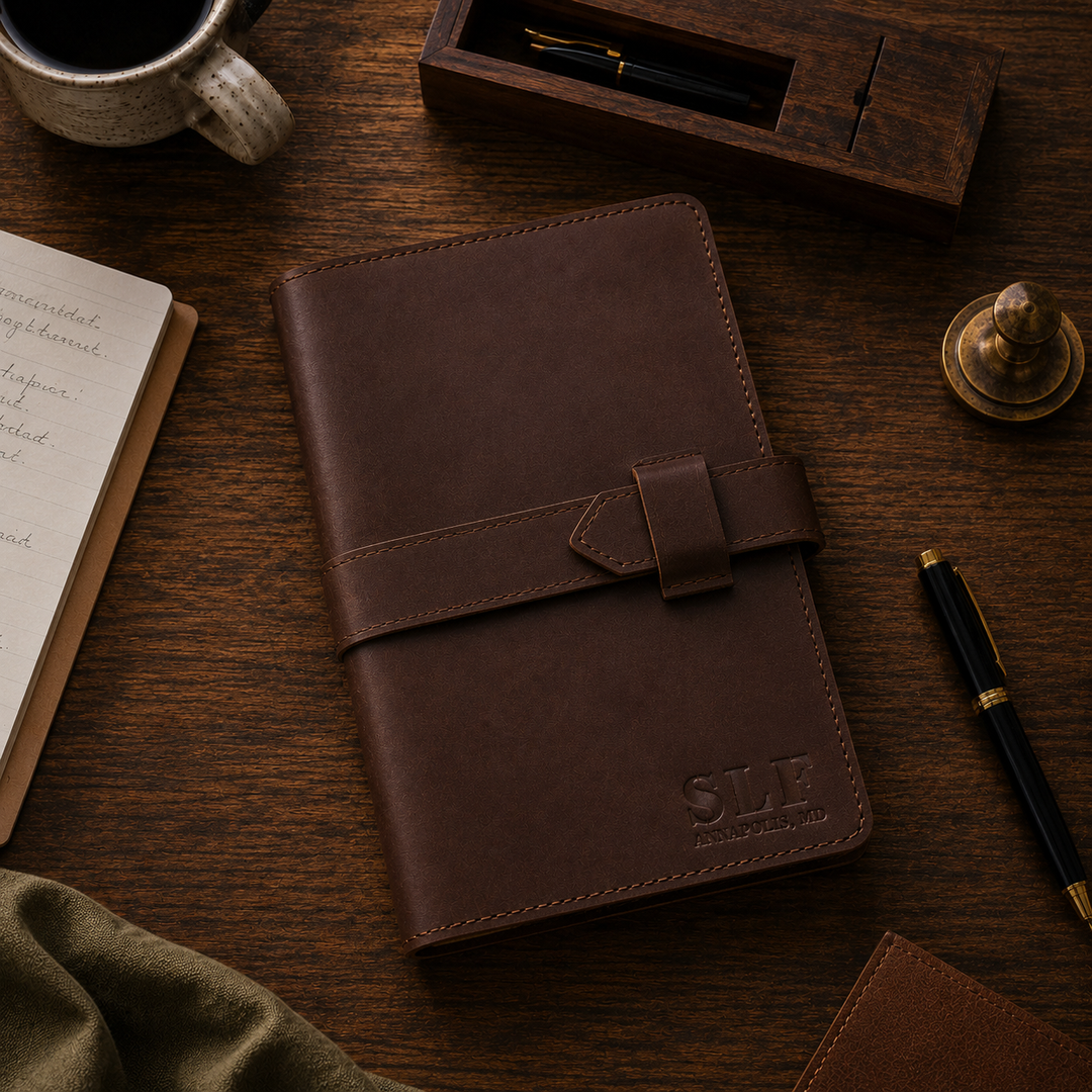 Brown leather notebook on a wooden desk with a cup of coffee and pen.
