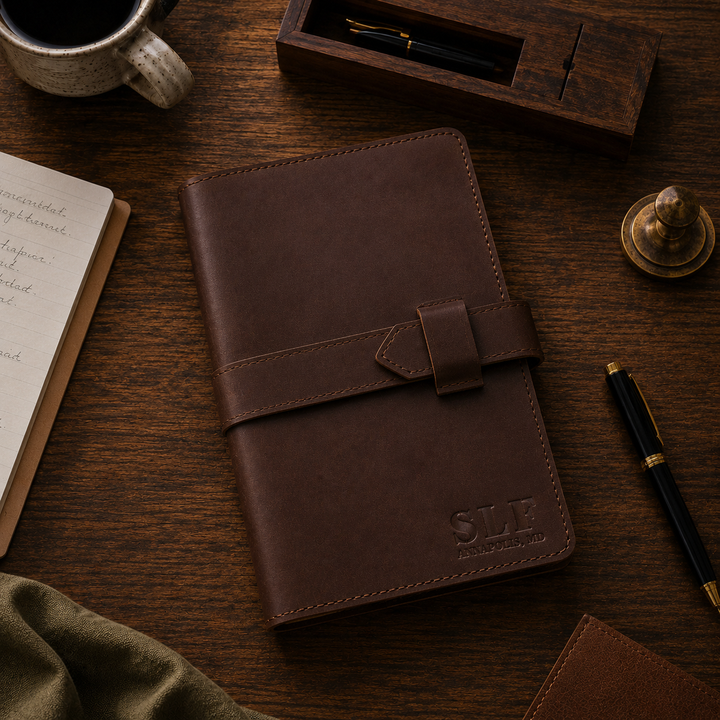 Brown leather notebook on a wooden desk with a cup of coffee and pen.