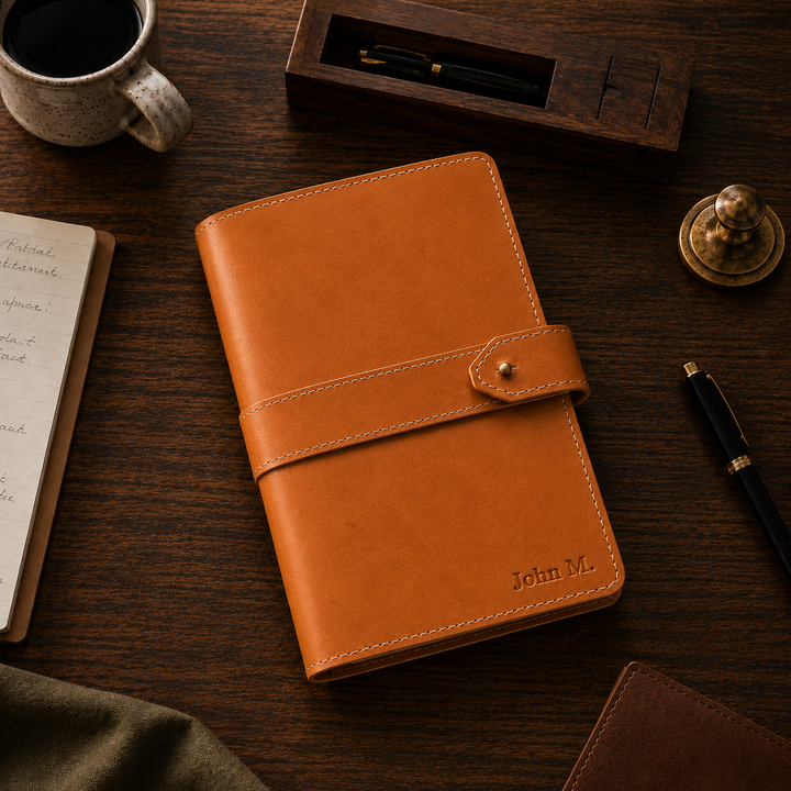 Brown leather notebook with 'John M.' branding on a wooden desk with a cup of coffee and pen.
