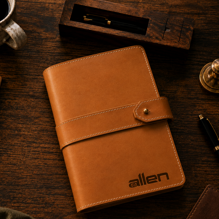 Brown leather notebook with 'allen' branding on a wooden surface with a cup of coffee and pen.