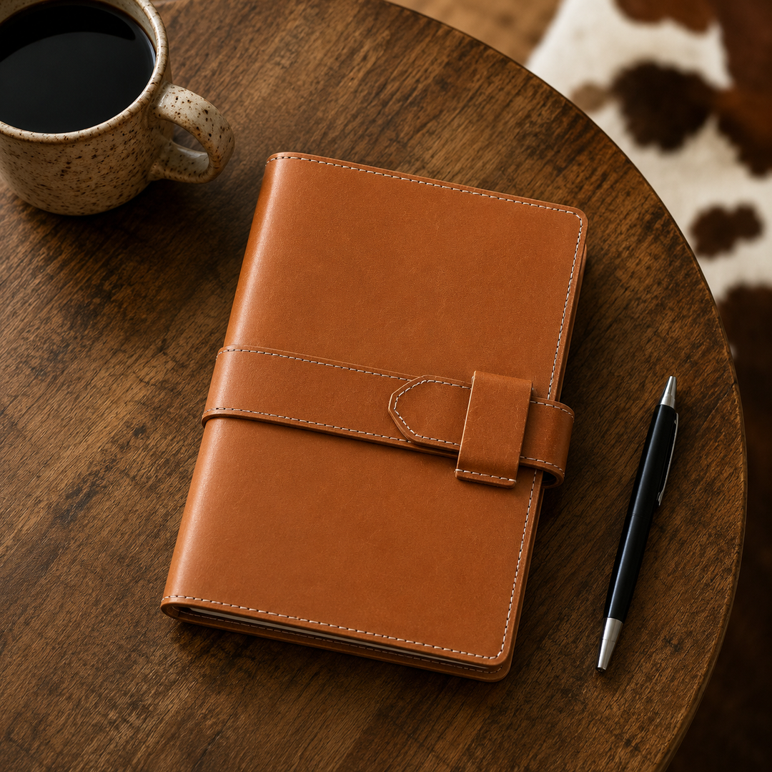 Brown leather notebook with a pen and cup of coffee on a wooden table