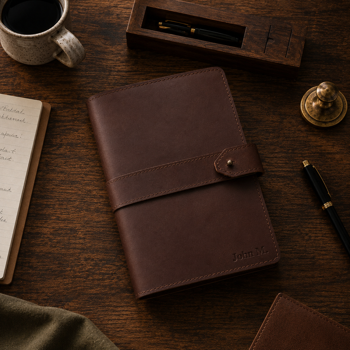 Brown leather notebook on a wooden desk with a cup of coffee and pen.