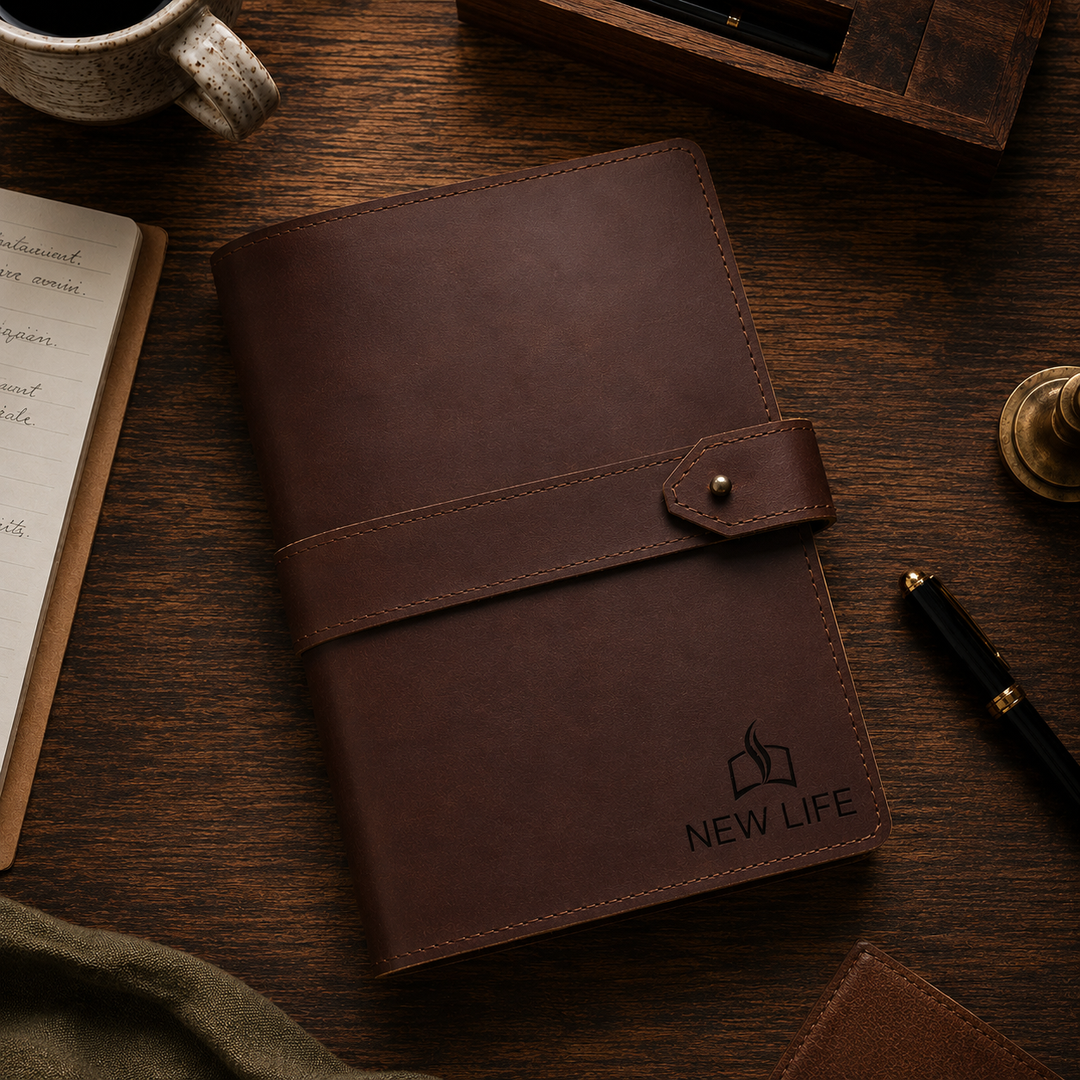 Brown leather notebook with 'New Life' branding on a wooden surface with a cup and pen.