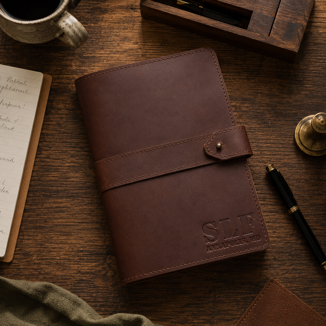 Brown leather notebook on a wooden desk with a pen and coffee mug.