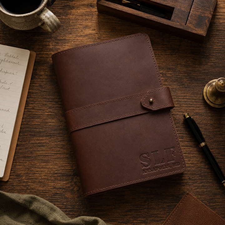 Brown leather notebook on a wooden desk with a pen and coffee mug.