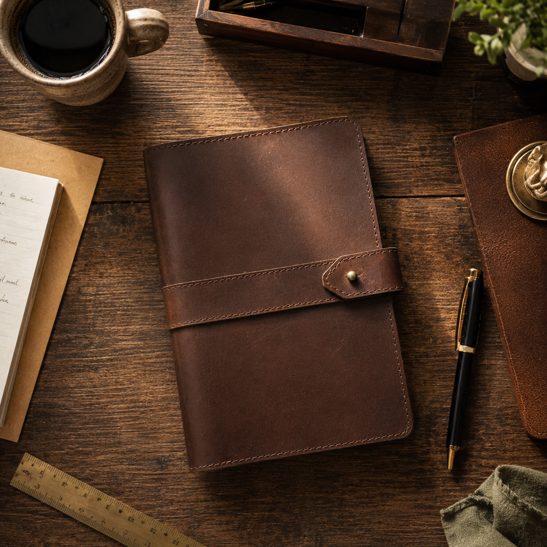 Brown leather notebook on a wooden desk with a pen and coffee cup.