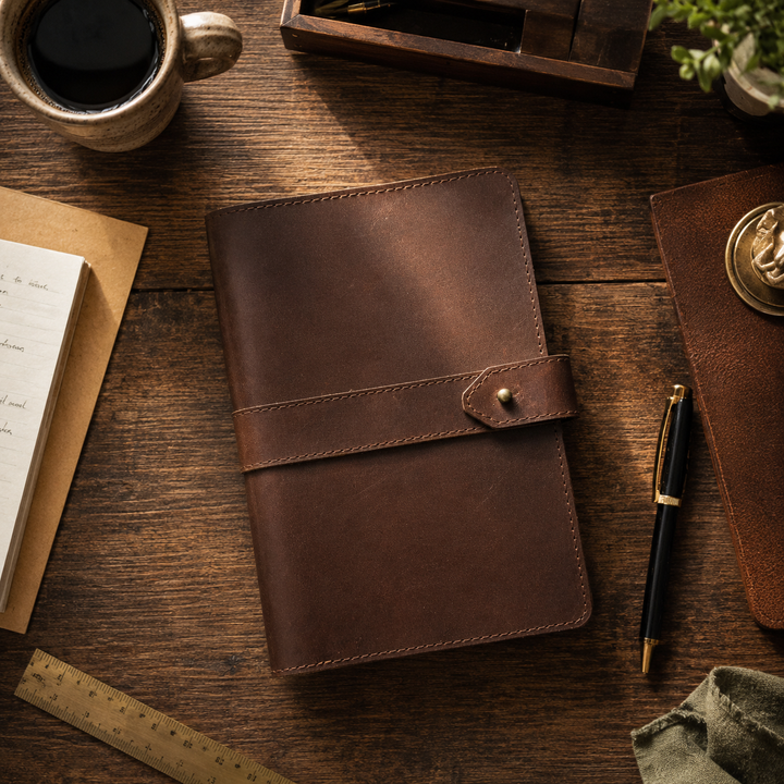 Brown leather notebook on a wooden desk with a pen and coffee cup.