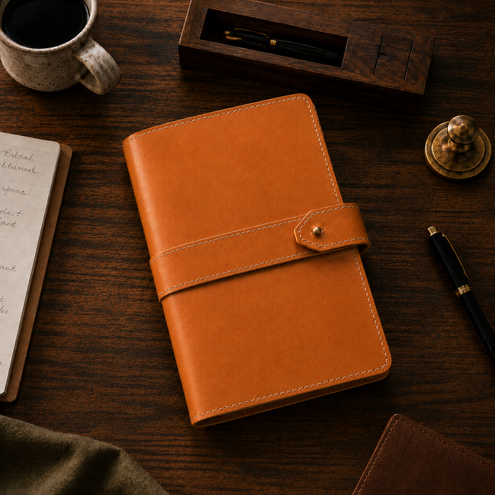 Brown leather notebook on a wooden desk with a cup of coffee and pen.