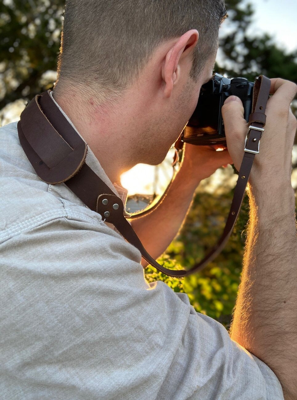 The Bates leather camera strap is the perfect addition for your camera gear.  Features conway hooks, making it easy to adjust to a comfortable length.   Made from full grain leather.   Hand made in Austin, TX!